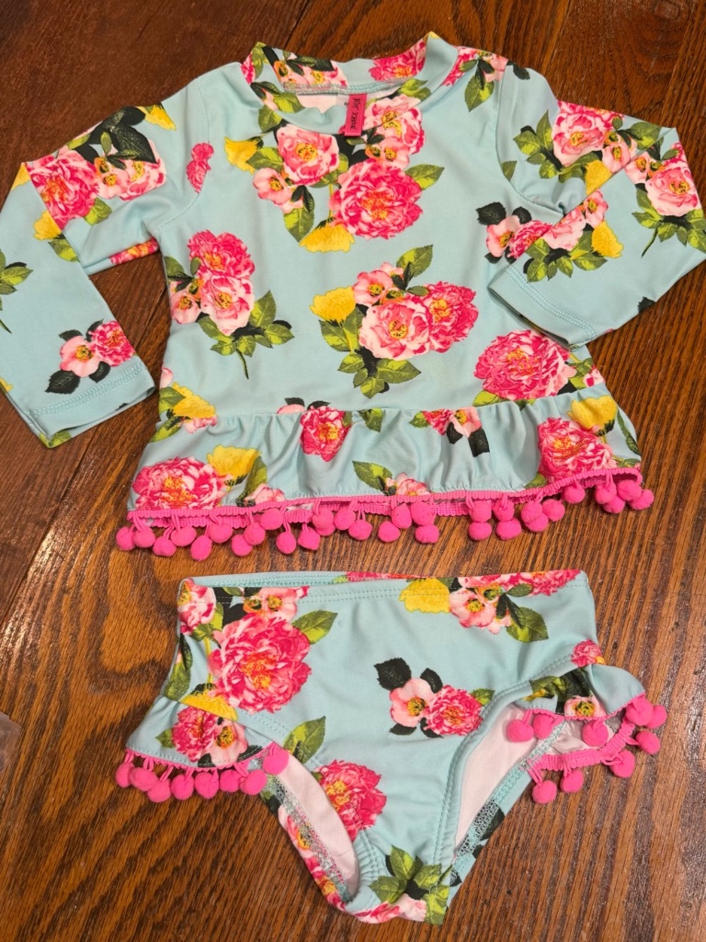 Betsey Johnson Floral Pom-Pom Two-Piece Tankini Rashguard Swimsuit, 24 mos